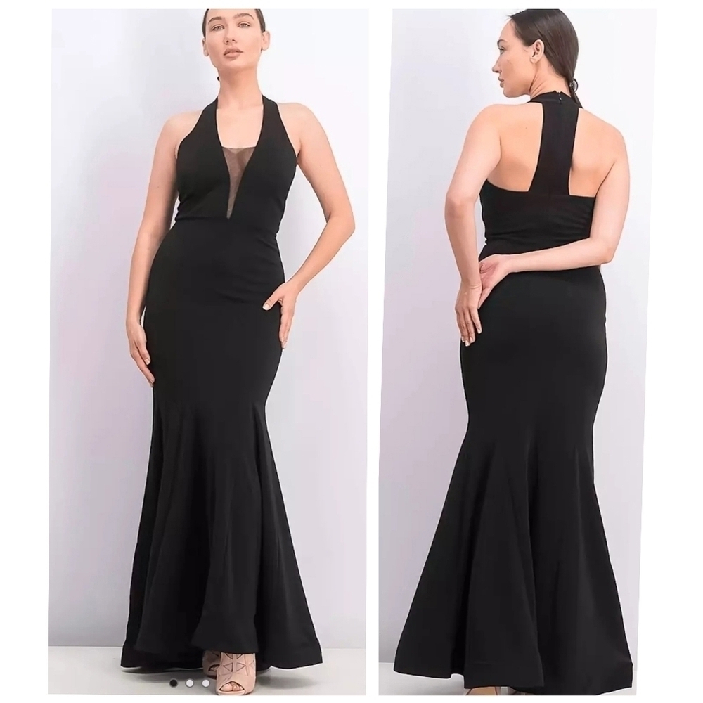 Jump Apparel Black Sheer Plunge Mermaid Evening Dress